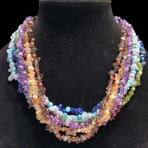 Multi Strand Natural Gemstone Pearl Rainbow Statement Necklace